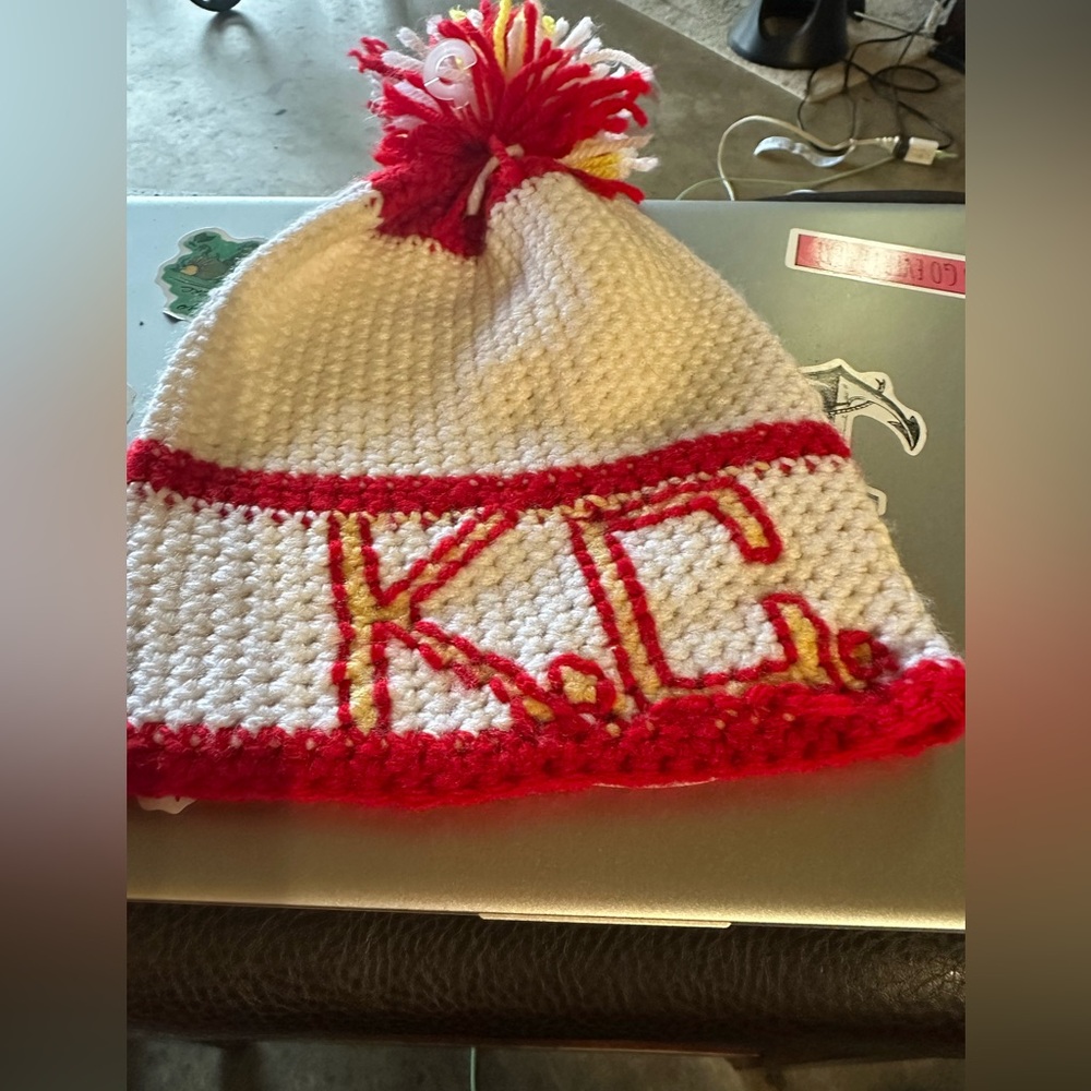 Red and White Knitted Beanie with Pom Pom